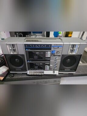 Emerson Silver Portable Stereo Boombox with Dual Cassette Decks
